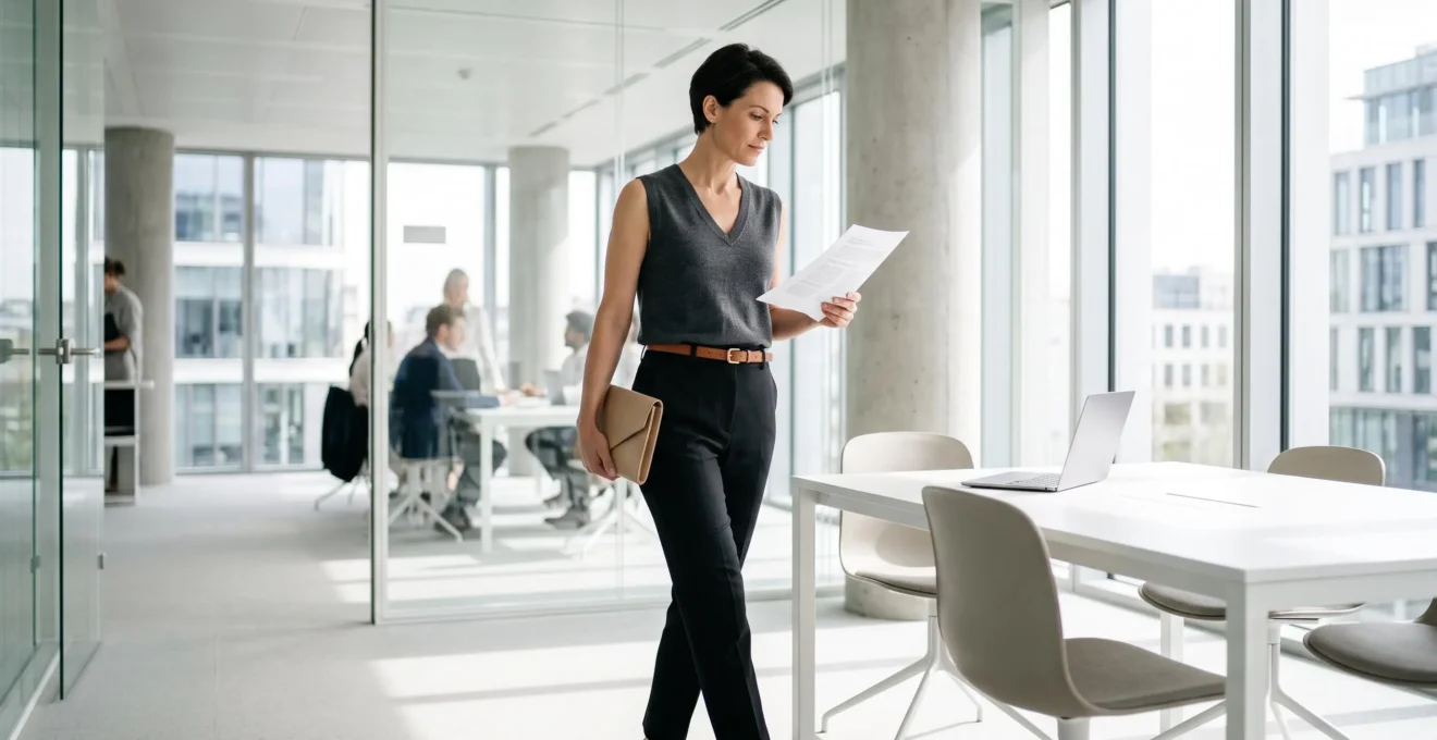 Femme d'environ 40 ans en gilet gris anthracite à même la peau et pantalon noir taille haute, consultant un document debout près d'une table de réunion blanche dans bureau moderne lumineux à grandes baies vitrées