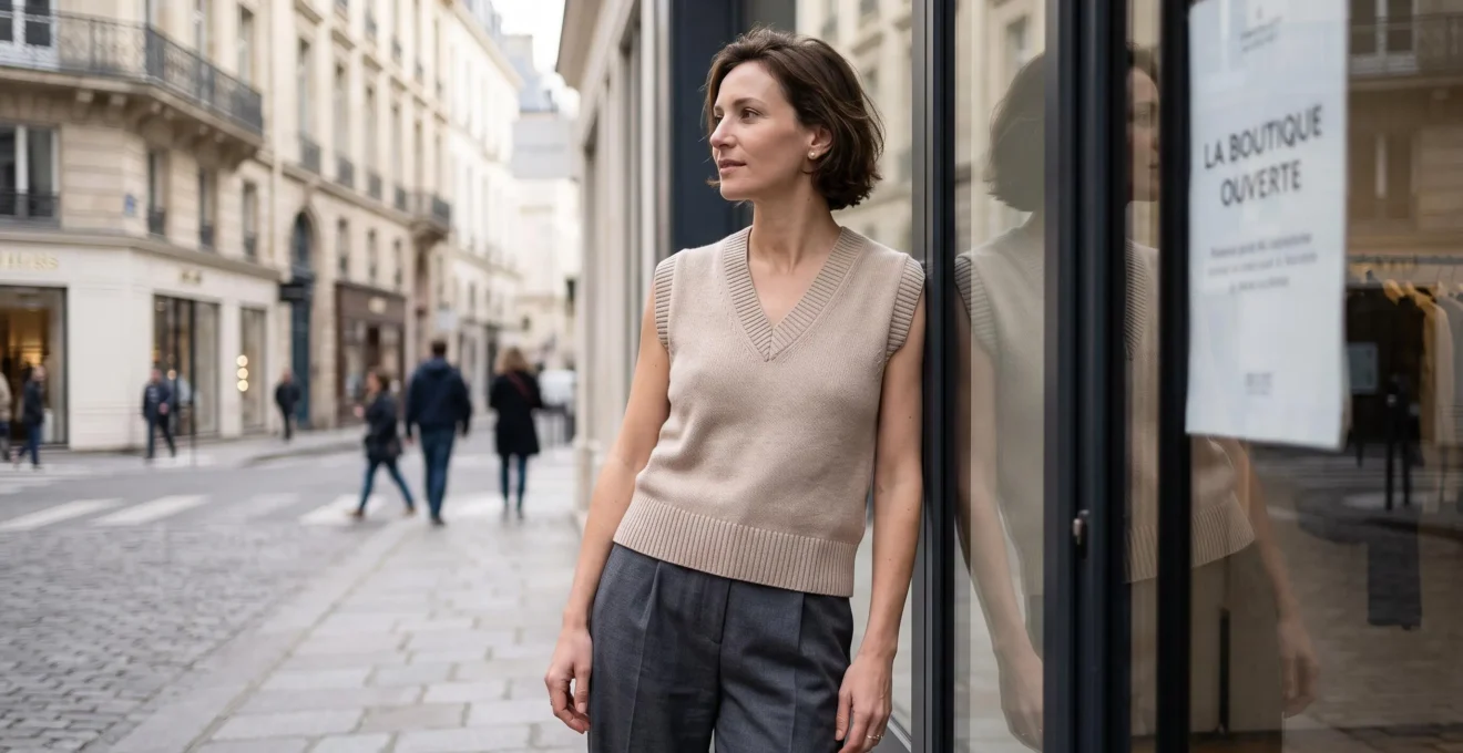 Femme d'environ 35 ans portant un gilet col V beige en maille fine à même la peau, associé à un pantalon fluide gris anthracite, debout devant une vitrine parisienne moderne, lumière naturelle douce