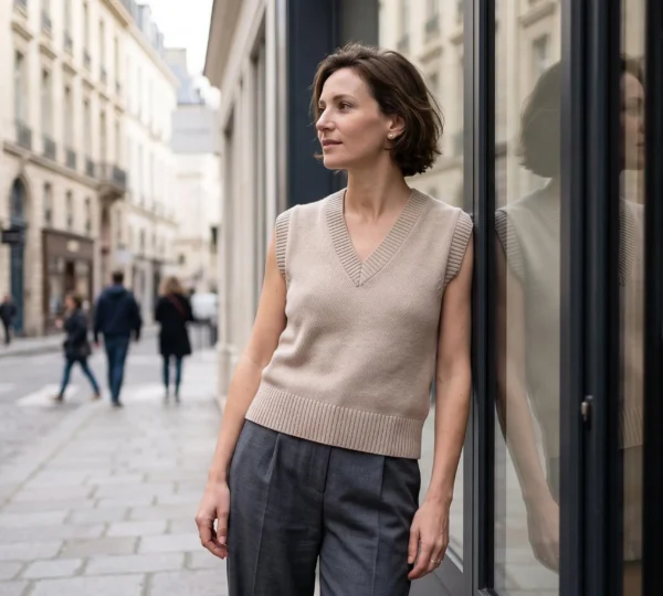 Femme d'environ 35 ans portant un gilet col V beige en maille fine à même la peau, associé à un pantalon fluide gris anthracite, debout devant une vitrine parisienne moderne, lumière naturelle douce