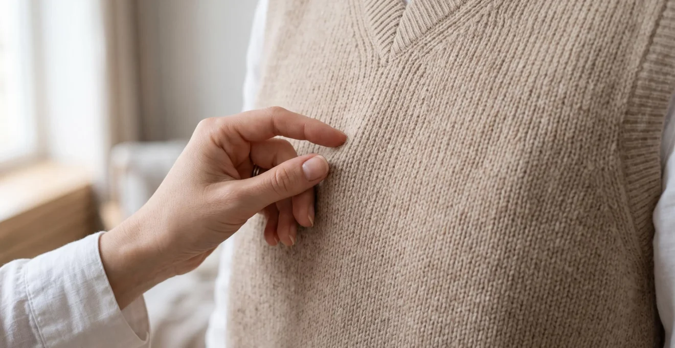 Gros plan macro sur texture de maille fine beige montrant l'armure serrée, main féminine effleurant délicatement le tissu, lumière naturelle douce